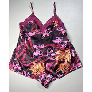 Linea Donatella Satin Cami and Short Pajama Lounge Set Size Large Purple Floral